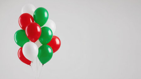 A vibrant arrangement of red, white, and green balloons against a plain background, perfect for enhancing festive celebrations, parties, and joyful gatherings.の素材