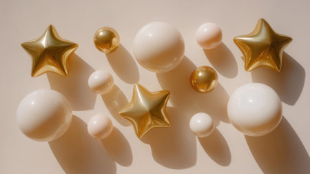 An elegant composition featuring golden and white decorative spheres and stars, beautifully arranged to create a charming visual effect on a soft beige background.の素材