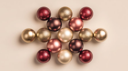 A captivating display of glossy Christmas ornaments arranged artistically, showcasing various colors on a soft beige background, ideal for seasonal decor.の素材