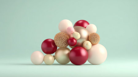 An artistic composition featuring a playful arrangement of colorful spheres in red, pink, cream, and beige on a soft mint green background, ideal for creative projects.の素材