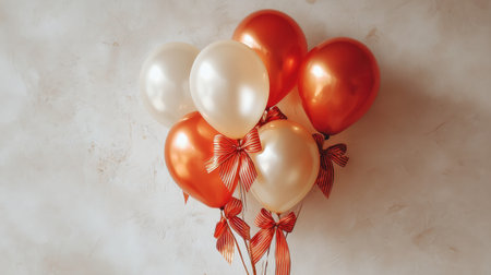 A cluster of glossy white and orange balloons adorned with striped ribbons, perfect for enhancing any celebration atmosphere or festive event decor.の素材