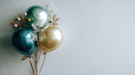 Charming arrangement of elegant balloons in green, teal, and gold, adorned with seasonal decorations. Ideal for parties, celebrations, and festive occasions.の素材