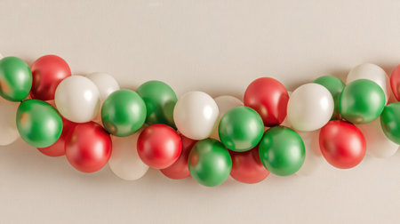 A vibrant arrangement of red, white, and green balloons creates a joyful atmosphere, perfect for festive celebrations, parties, and holiday gatherings, enhancing any event.の素材