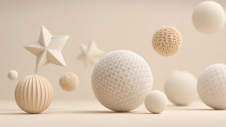 A captivating arrangement of 3D geometric shapes in neutral tones, featuring spheres and stars, perfect for modern design projects or artistic backgrounds.の素材