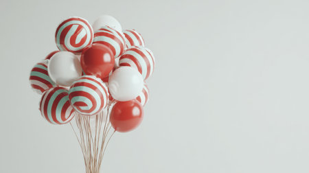 A vibrant collection of red and white balloons featuring playful stripes, perfect for adding a festive touch to any celebration or event against a minimalist backdrop.の素材