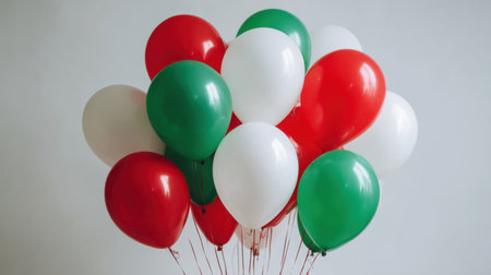 A vibrant collection of red, green, and white balloons creates a joyful atmosphere for celebrations, bringing a sense of fun and festivity to any event.の素材