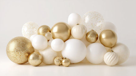 A stunning collection of white and gold decorative balls creates an elegant arrangement perfect for any festive occasion, enhancing spaces with beauty and warmth.の素材