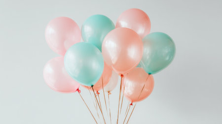 A vibrant collection of pastel balloons in pink and teal colors, creating a cheerful atmosphere for celebrations and special occasions, suitable for various events.の素材
