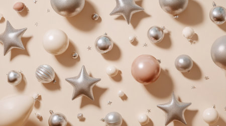 A beautiful arrangement of silver, white, and rose gold ornaments and stars on a soft background, perfect for holiday celebrations and winter events.の素材
