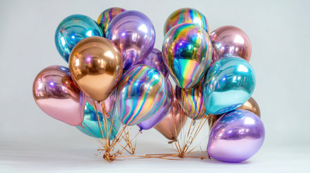 A stunning arrangement of colorful balloons in shades of pink, blue, and bronze, perfect for adding a vibrant touch to any celebration or festive event setting.の素材