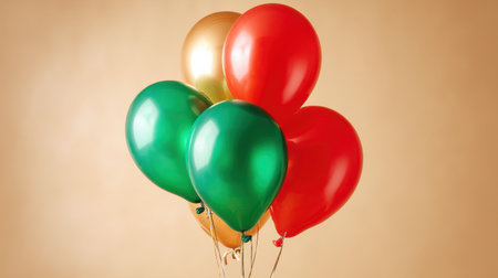 A vibrant display of red, green, and gold balloons floating against a warm background, ideal for adding a festive touch to any celebration or gathering.の素材