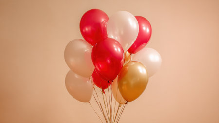 A vibrant cluster of colorful balloons in red, white, and gold floats gracefully against a soft background. Perfect for adding a festive touch to any celebration or party.の素材