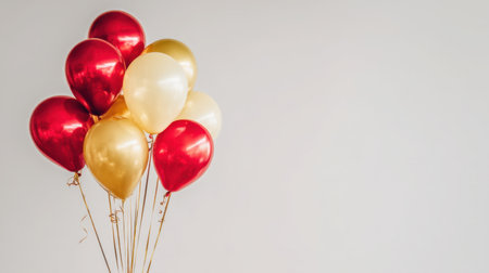 A vibrant arrangement of red and gold balloons, perfect for enhancing the atmosphere of celebrations, parties, or special occasions with a joyful touch.の素材