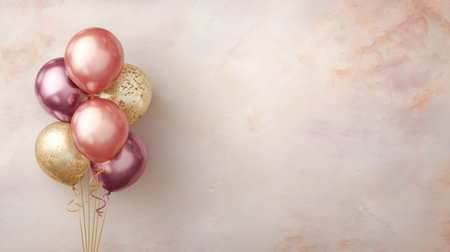 A set of elegant balloons in rose gold and pink hues rests against a soft creamy backdrop. Perfect for celebrations, this image evokes joy and festive spirit.の素材