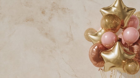 A stunning assortment of pink and gold balloons arranged beautifully, ideal for any celebration, event, or special occasion that needs a festive touch.の素材