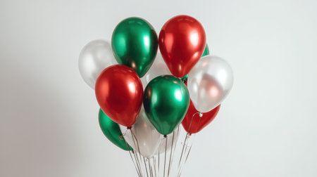 A vibrant cluster of red, green, and white balloons brings a festive touch to any celebration. Ideal for parties, holidays, or special events, these balloons create joyful decor.の素材