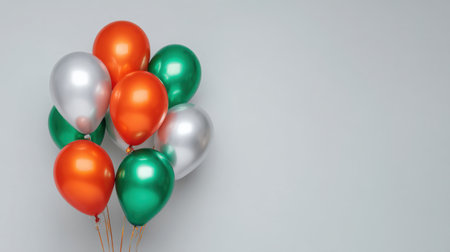 A collection of bright balloons in orange, green, and silver set against a neutral backdrop, perfect for enhancing any festive event or celebration.の素材