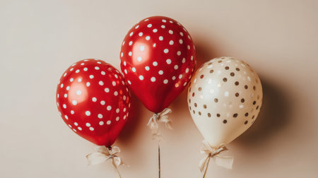 Three vibrant balloons with polka dots in red and white, perfect for festive celebrations. A minimalist backdrop highlights their joyful presence and playful charm.の素材