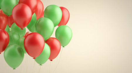 A vibrant arrangement of red and green balloons floats gently, creating an inviting atmosphere perfect for parties, celebrations, or festive occasions, highlighting joy and fun.の素材
