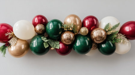 A vibrant assortment of Christmas ornaments in red, green, gold, and white, accented with greenery, perfect for inspiring holiday decorations and festive ambiance.の素材