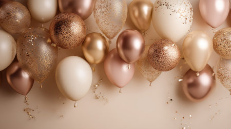 A collection of elegant balloons in soft tones featuring shiny finishes and glitter accents, ideal for enhancing the atmosphere of any festive occasion.の素材