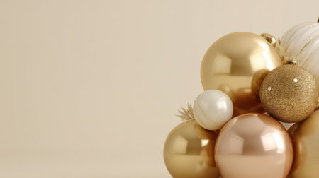 A stylish collection of shiny gold and bronze ornaments grouped together on a light beige surface, perfect for holiday and seasonal decoration themes.の素材