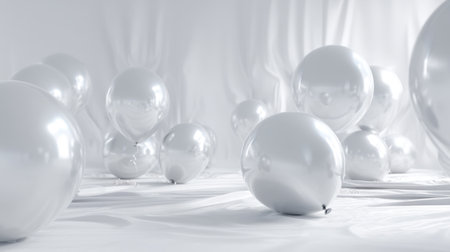 A collection of white balloons on a smooth surface against a soft fabric background, creating a peaceful and elegant atmosphere perfect for celebratory events.の素材