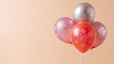 A set of colorful balloons featuring delicate snowflake patterns, ideal for adding a festive touch to winter celebrations, parties, or holiday gatherings. Perfect for decorations.の素材
