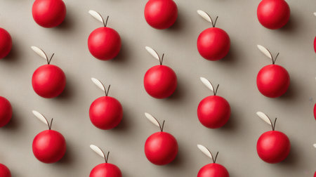 A collection of vibrant red decorative objects with leaves, artistically arranged in a captivating pattern on a neutral background, ideal for creative inspirations.の素材