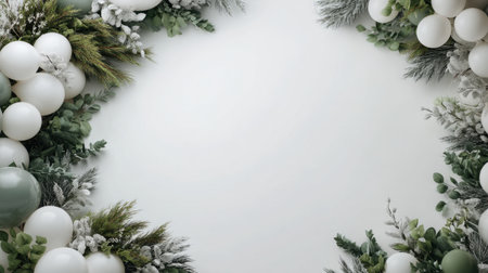This elegant frame features lush greenery and white ornaments, perfect for a festive background or greeting card design during the holiday season.の素材