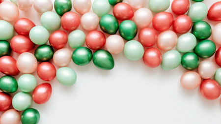 A vibrant display of colorful Easter eggs in red, green, and mint shades is arranged on a clean white background, perfect for seasonal decorations and celebrations.の素材