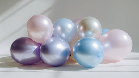 A cluster of soft pastel balloons in shades of pink and blue resting on a white background, creating a light and joyful atmosphere suitable for any celebration or event.の素材