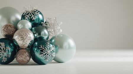 A beautifully arranged collection of Christmas ornaments in teal and silver, featuring intricate snowflake designs, perfect for adding elegance to holiday celebrations.の素材