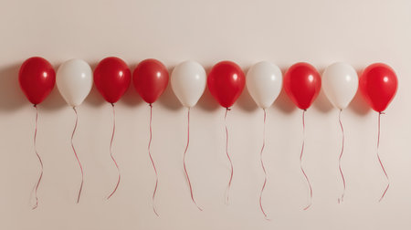 A captivating display of red and white balloons set against a soft beige wall, perfect for enhancing the festive mood at parties and celebrations.の素材