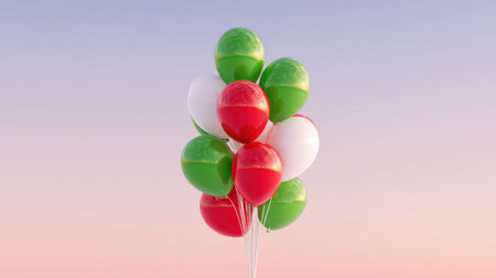 A vibrant cluster of balloons in red, white, and green floats against a soft pastel sky, perfect for evoking a festive atmosphere for celebrations and special events.の素材