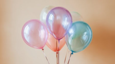 A beautiful arrangement of pastel balloons in various shades against a soft peach background, perfect for enhancing any joyful event or party decoration.の素材