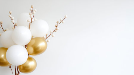 This elegant photo showcases a stylish arrangement of white and gold balloons paired with decorative branches, perfect for various celebration themes and moments.の素材