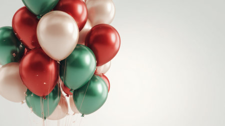 A joyful arrangement of vibrant red, green, and cream balloons creates a festive atmosphere perfect for celebrations, parties, and special events against a soft background.の素材