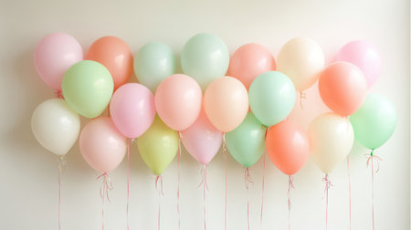 A cheerful display of pastel balloons in soft colors enhances any festive atmosphere. Perfect for birthdays, parties, and event decorations, bringing joy and celebration.の素材