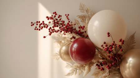 This beautiful festive arrangement combines colorful balloons and vibrant red berries to create a warm and inviting atmosphere perfect for holiday celebrations.の素材