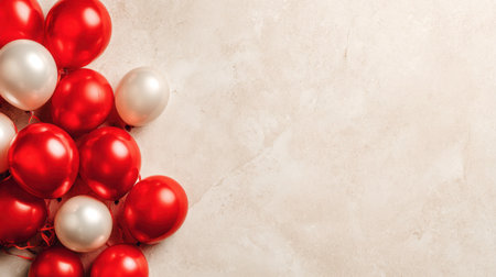 A lively arrangement of red and white balloons rests on a light textured surface, perfect for enhancing the atmosphere of any festive celebration or party event.の素材