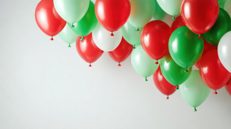 A vibrant arrangement of balloons in green, red, and white, creating a festive atmosphere. Ideal for various celebrations and events, enhancing any party decor.の素材