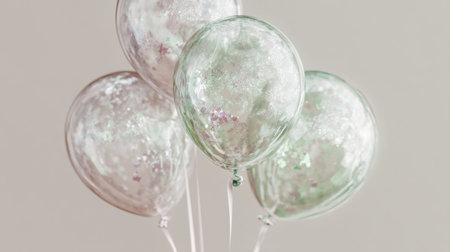 Delightful clear balloons filled with shimmering confetti create a festive atmosphere perfect for celebrating special occasions and events. Add charm to any gathering!の素材