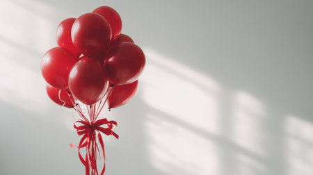 A cluster of bright red balloons tied with a ribbon stands out against a soft background, creating a joyful ambiance ideal for celebrations and special occasions.の素材