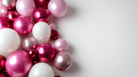 A vibrant collection of pink, white, and metallic balloons scattered on a soft background. Perfect for any celebration or event, they add a joyful touch to decorations.の素材