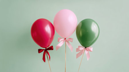 Three vibrant balloons in red, pink, and green with elegant bows, set against a soft pastel background. Perfect for festive celebrations or cheerful decor.の素材