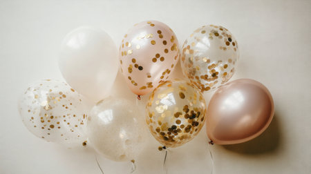 A beautiful display of balloons in soft colors and gold confetti adds charm to any celebration. Perfect for parties, birthdays, and special gatherings, creating joy.の素材