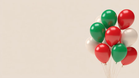 A cluster of colorful balloons in red, green, and white floats against a soft beige background, creating a cheerful and festive vibe suitable for various celebrations.の素材