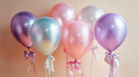 A collection of pastel balloons in soft shades of pink, blue, and purple, featuring elegant ribbons. Ideal for adding a festive touch to any celebration or event.の素材