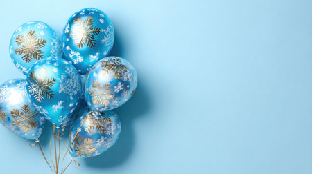 A vibrant collection of blue balloons featuring elegant snowflake designs, ideal for enhancing winter-themed parties and celebrations with a joyful touch.の素材